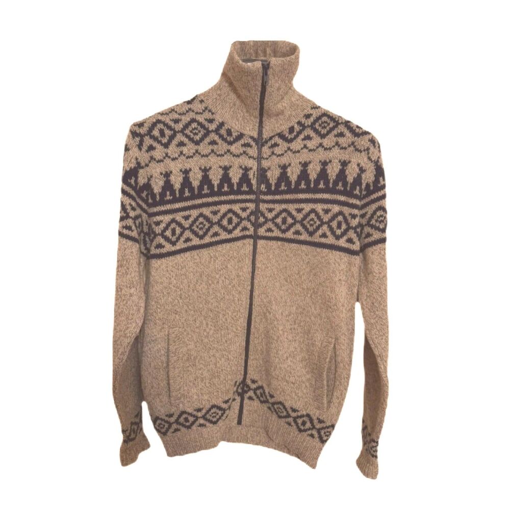 VTG LL Bean Mens Tan & Navy Design 100% Lambswool Nordic Print Sweater Size M